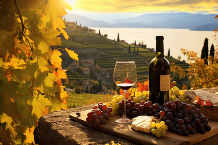 阳台桌面上的红酒和葡萄图片