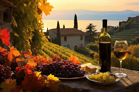 户外桌子上的红酒和葡萄背景图片