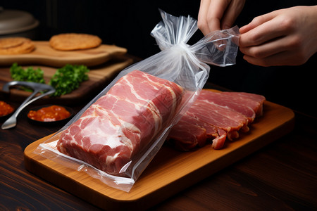 猪肉晡包装真空袋包装的猪肉背景