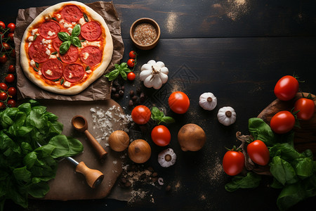 桌面上的披萨和蔬菜图片