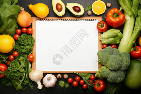 健康的蔬菜和空白的本子图片