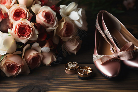 玫红女士高跟鞋桌子上的高跟鞋和花朵背景