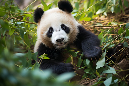 树丛中觅食的大熊猫图片