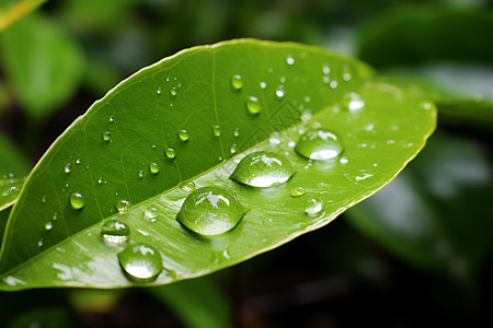 绿叶上透明的水滴背景图片