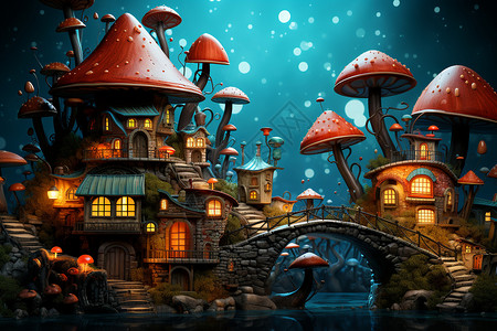 梦幻的蘑菇小镇插图图片