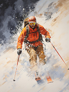 雪山滑雪的男子油画插图图片