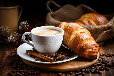 醇香咖啡美味的咖啡和面包背景