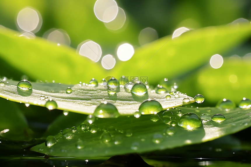 绿叶上透明的水滴特写图片
