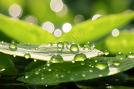 绿叶上透明的水滴特写图片