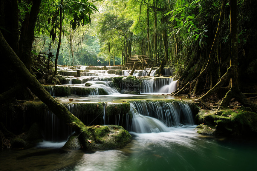 翠绿瀑布的美丽景观图片
