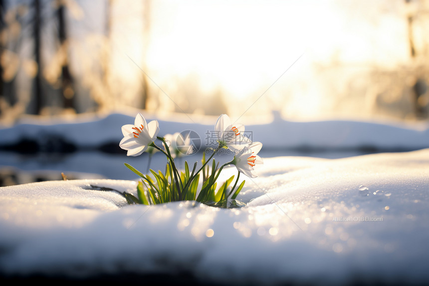 冬季雪中新生的野花图片