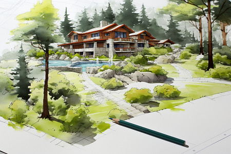 现代园林建筑的手绘草图背景图片