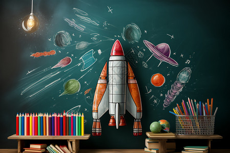 主题教室黑板上绘画的火箭背景