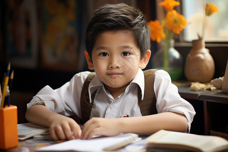 课桌前可爱的小男孩背景图片