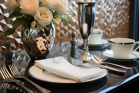 大花束桌子上优雅的餐具背景