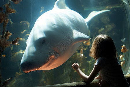 海洋动物白鲸跟白鲸玩耍的小女孩背景