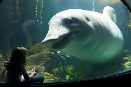 海洋动物白鲸动物白鲸和小女孩背景