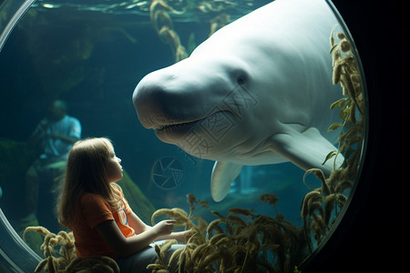 海洋馆里的白鲸和女孩背景