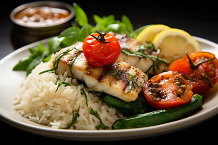 健康的米饭和蔬菜鱼肉图片