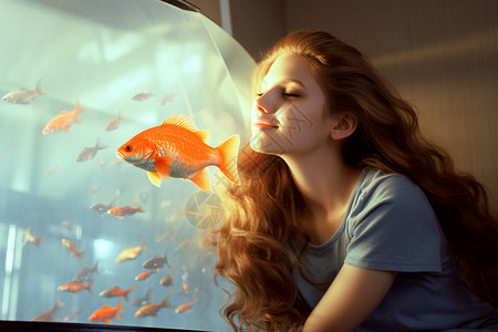 玻璃水族鱼缸看金鱼的美丽女性背景