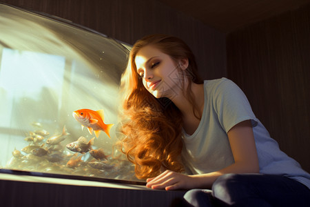 玻璃水族鱼缸美丽的长发美女背景