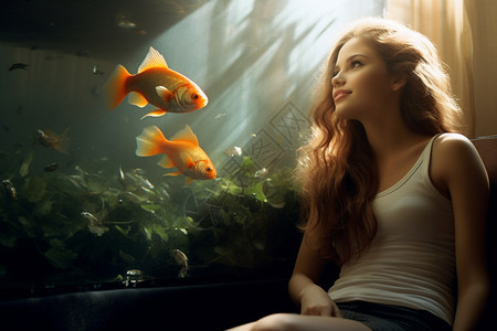 玻璃水族鱼缸鱼缸面前的美丽女性背景