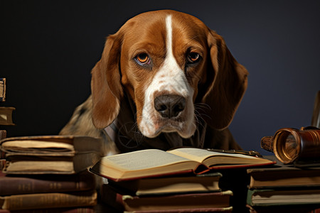 书籍桌子上的小狗图片
