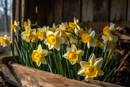 木栏中盛开的黄水仙花高清图片
