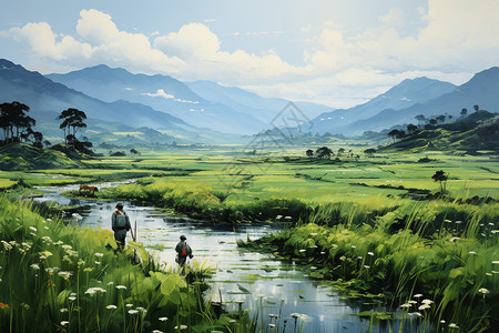 农村的水稻河流图片
