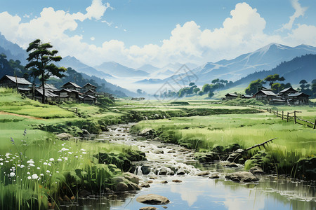 山脉中的农村河流图片