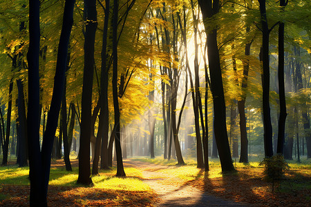 秋季森林的日出景观图片