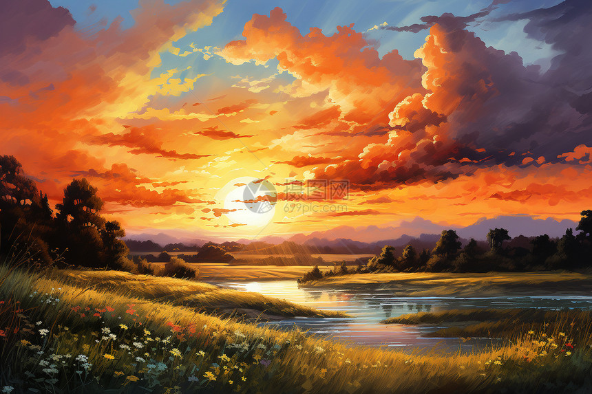 日落乡村湖畔的美景图片