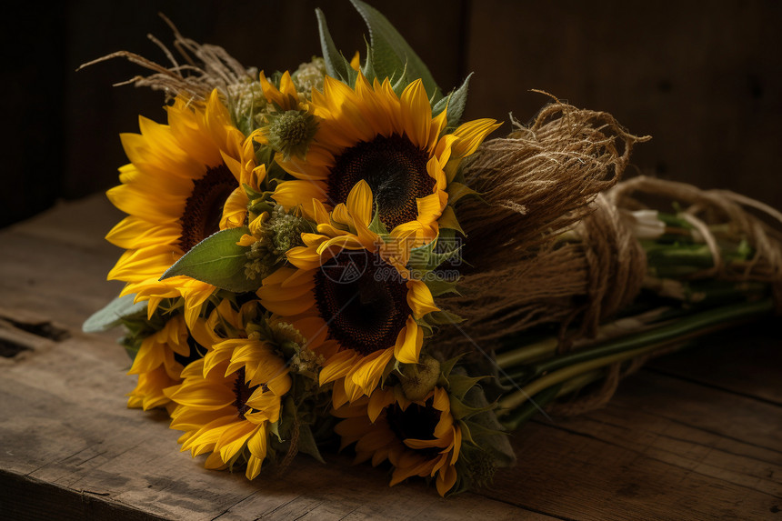 木板上的复古向日葵花束图片