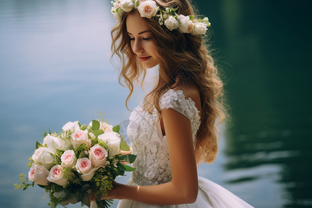 花环新娘湖边优雅美丽的新娘背景