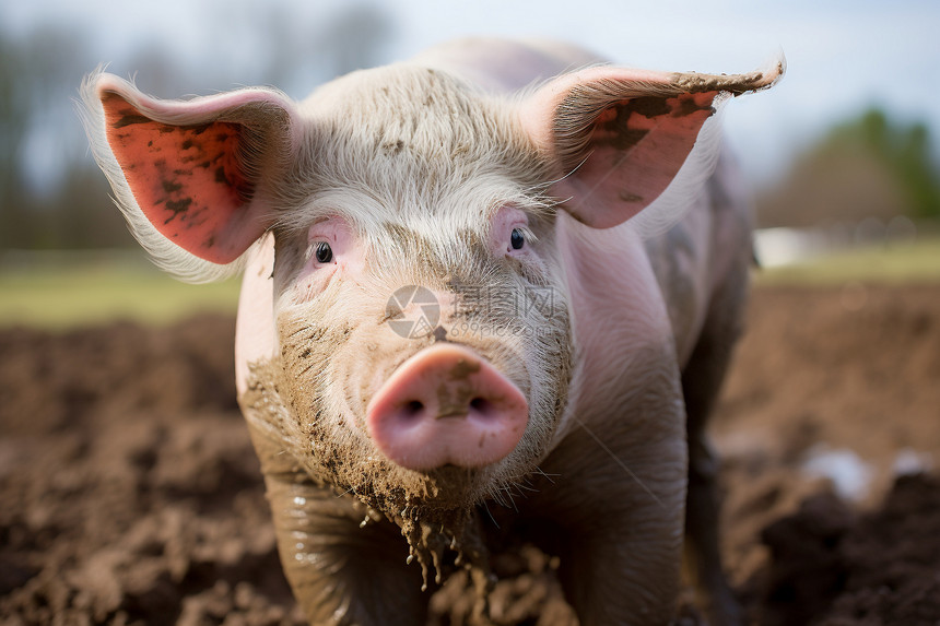 猪在田地上的泥浆中图片