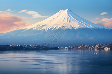 冬天湖边寒冬下的富士山背景