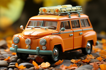 车摆件秋季的橘色玩具车模型插画
