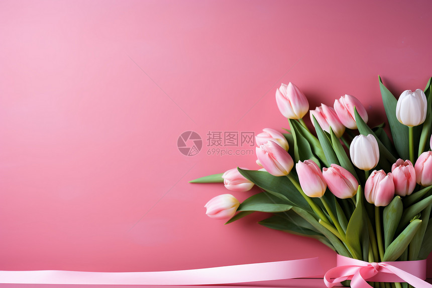粉色墙壁前的郁金香花束图片