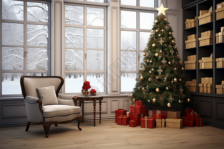 圣诞客厅落地窗旁的圣诞树装饰设计图片