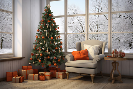 窗户圣诞客厅中喜庆的圣诞树装饰设计图片
