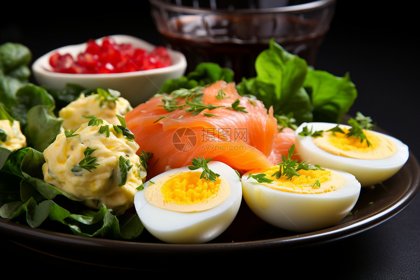 丰盛的鸡蛋三文鱼早餐图片