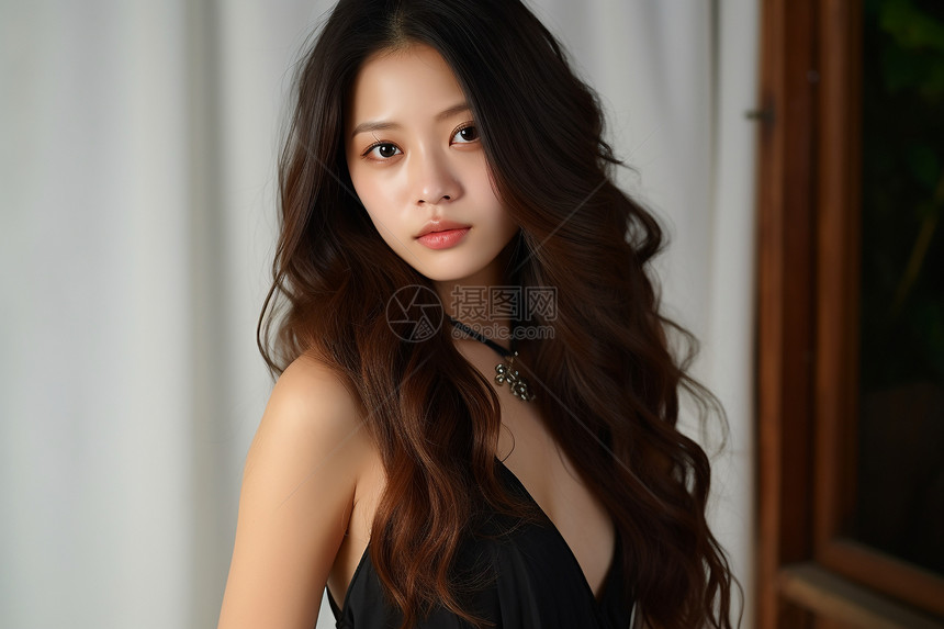 窗边优雅年轻的亚洲女子图片