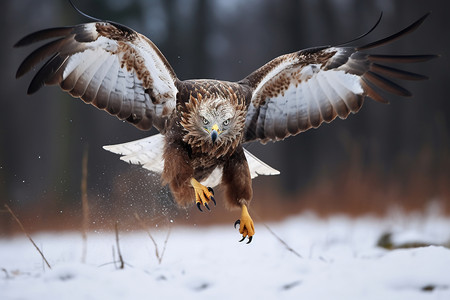 猎鹰在雪地里扑向猎物高清图片