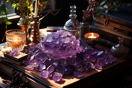 紫水晶瓶桌上的宝石艺术背景