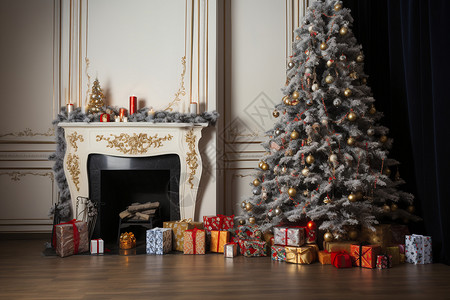房屋中的圣诞树和礼品背景图片