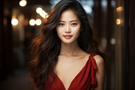 艳丽红裙的东方女性图片