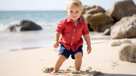夏季沙滩上玩耍的小男孩图片