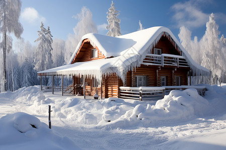 冬天小木屋雪景插画雪村中的小木屋背景