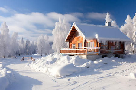 冬日仙境木屋雪景高清图片