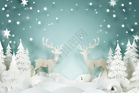 欢乐的童话冬日欢乐的剪纸麋鹿背景插画